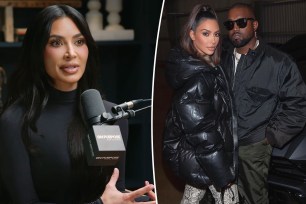 Kim Kardashian speaks into mic, split with the reality star posing with Kanye West