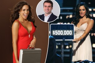 Meghan Markle from "Deal or No Deal" with inset of tv exec Lucas Green.