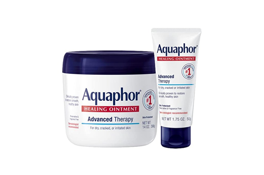 A container and tube of Aquaphor Healing Ointment