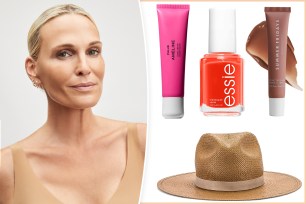 Molly Sims with insets of beauty products