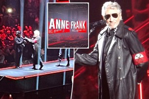 Roger Waters in concert in Berlin with name Anne Frank flashed on screen behind him and him wearing an SS uniform.