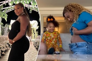 A split of Serena Williams' baby bump and a photo of her with daughter Olympia.