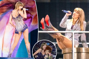 Taylor Swift performs in a bedazzled blazer, split with her performing in a bedazzled bodysuit, with Taylor and Ice Spice inset.