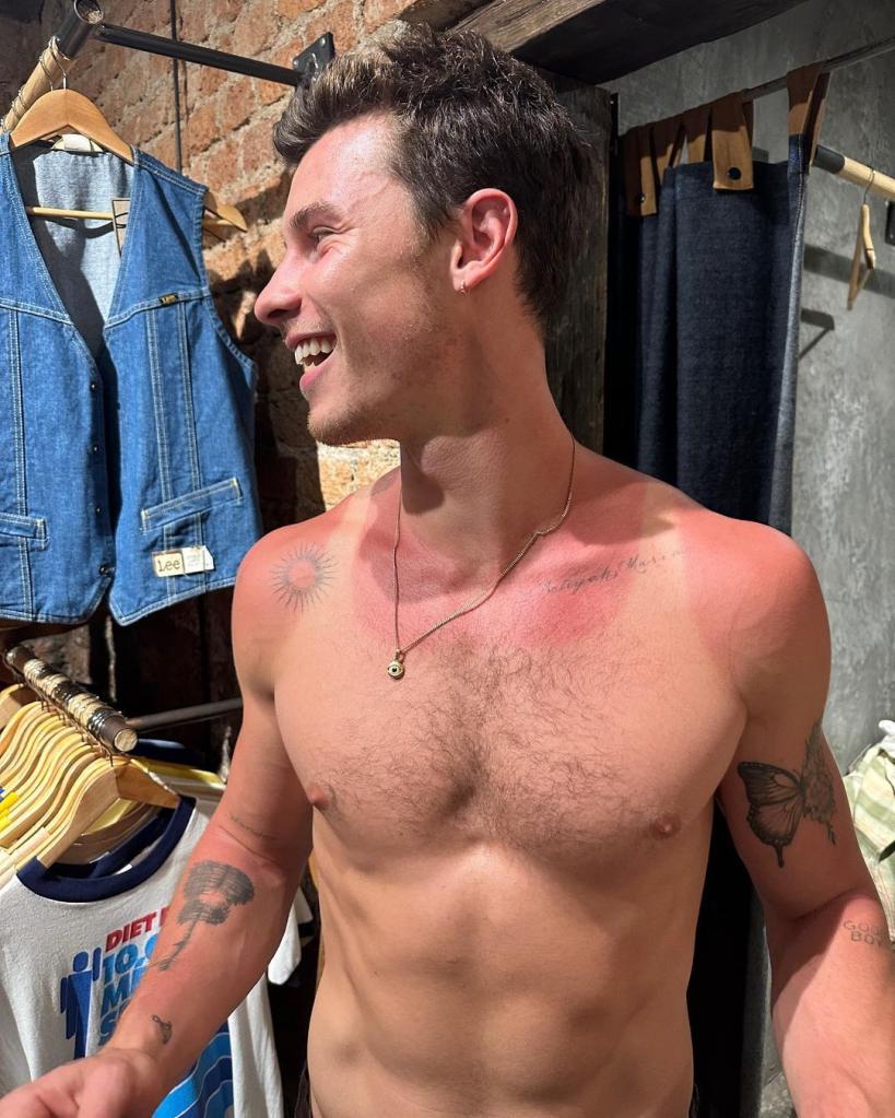 Shirtless Shawn Mendes smiling while showing off his sunburn.