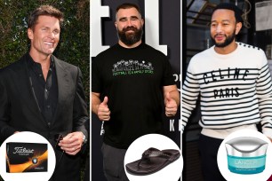 Tom Brady, Jason Kelce and John Legend with insets of golf balls, flip flops and skincare