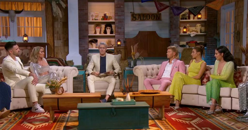 Carl Radke, Lindsay Hubbard, Andy Cohen, Kyle Cooke, Danielle Olivera and Amanda Batula talking on the "Summer House" reunion