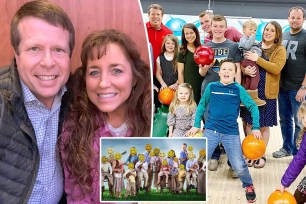 Michelle and Jim Bob Duggar split with their family with na inset of the docuseries poster.