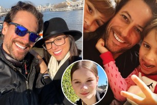 A split of photos of Ioan Gruffudd with his girlfriend Bianca Wallace, him and his two daughters and a photo of Ella Evans in the inset.