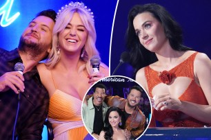 Katy Perry hugging Luke Bryan split with a solo photo of her and a group shot of Perry, Bryan and Lionel Richie in the inset.
