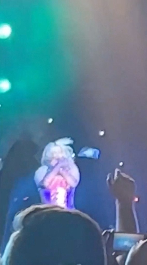 Bebe Rexha being hit by a cellphone on stage. 