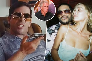 Eli Roth in "The Idol" split with The Weeknd and Lily-Rose Depp with an inset of Jeffrey Epstein.