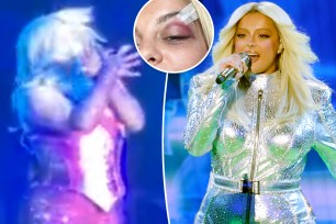 Bebe Rexha being hit with a phone split with her performing on stage with an inset of her black eye.