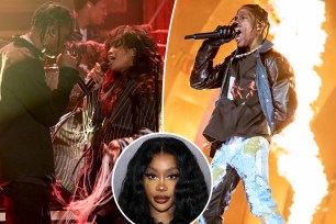 Travis Scott and SZA on stage split with Travis Scott with an inset of SZA.