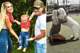 Morgan Wallen and KT Smith with their son and dog split image.