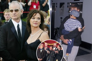 Bill Murray poses with Jennifer Butler, split with the actor holding his son and posing on a red carpet