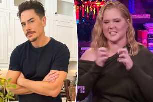 Tom Sandoval crosses arms, split with Amy Schumer on "WWHL" set
