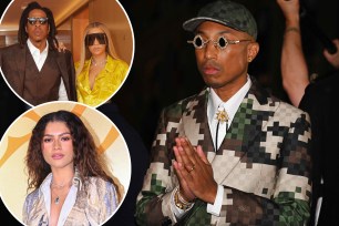 Pharrell Williams at the Louis Vuitton Paris Fashion week show, with Beyonce, Jay-Z, and Zendaya inset. 