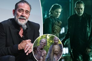Jeffrey Dean Morgan split with him on "The Walking Dead" and inset of zombies.