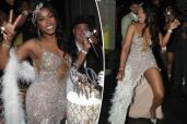 Spilt screen of Remy Ma in sparkle dress smiling going to her 43rd birthday party.