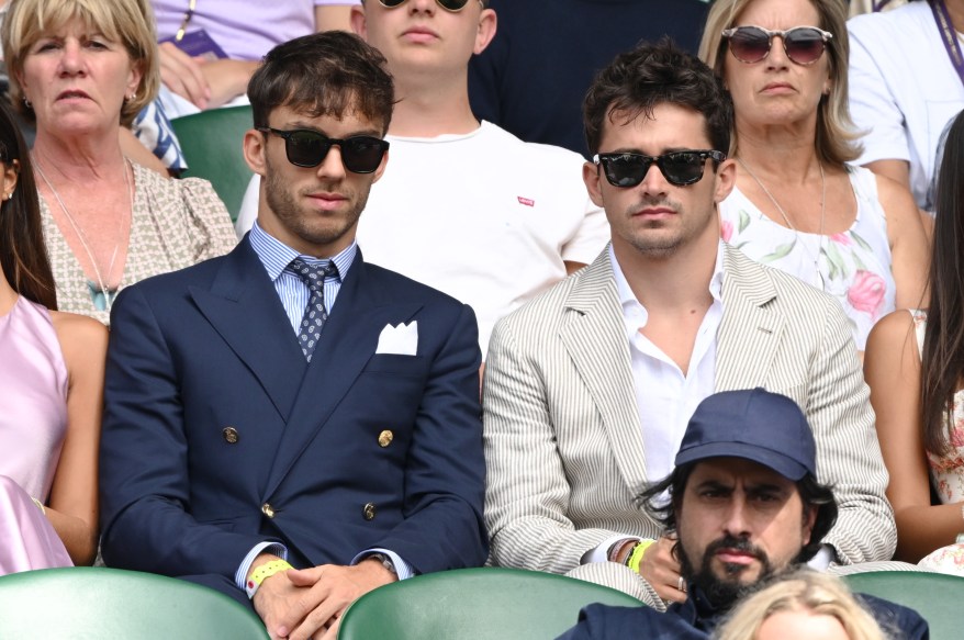 Formula 1 athletes Pierre Gasly and Charles Leclerc attend Wimbledon on July 10, 2023.