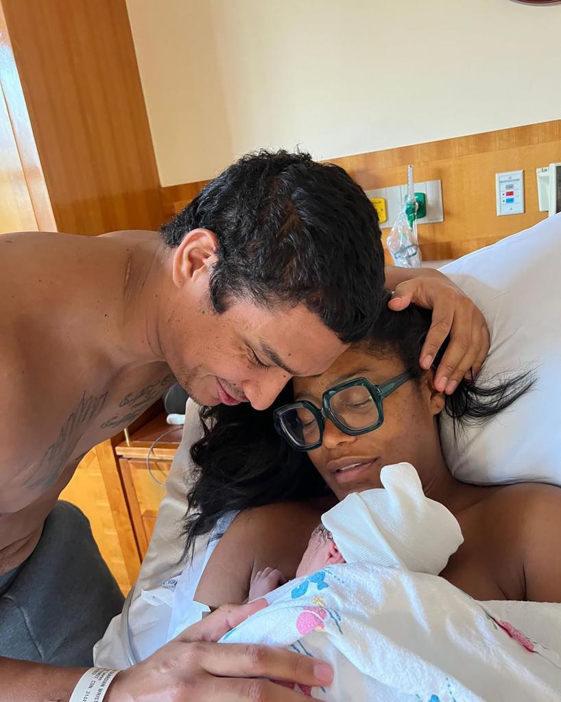 Darius Daulton, Keke Palmer and their son, Leodis, in the hospital after his birth.