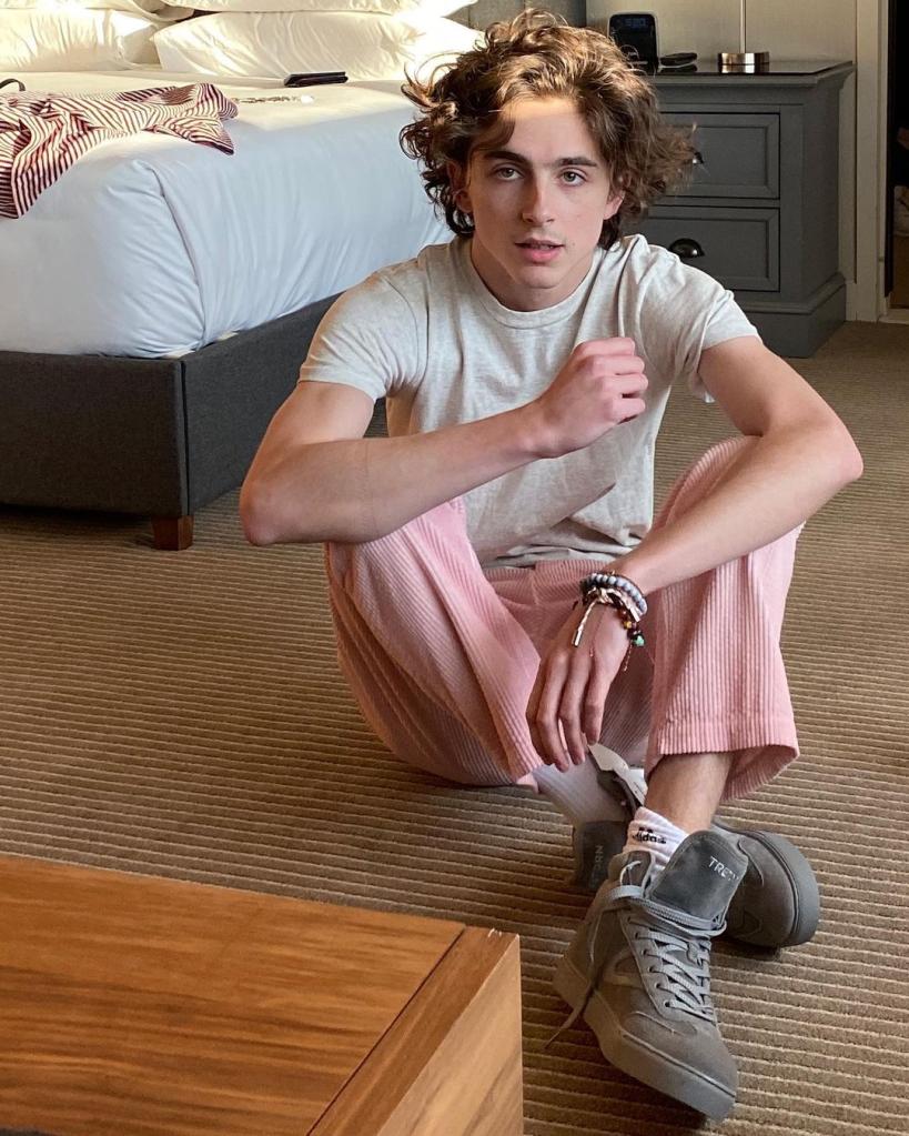 Timothée Chalamet sitting down on a floor.