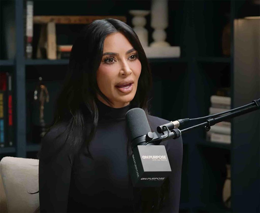 Kim Kardashian on a podcast.