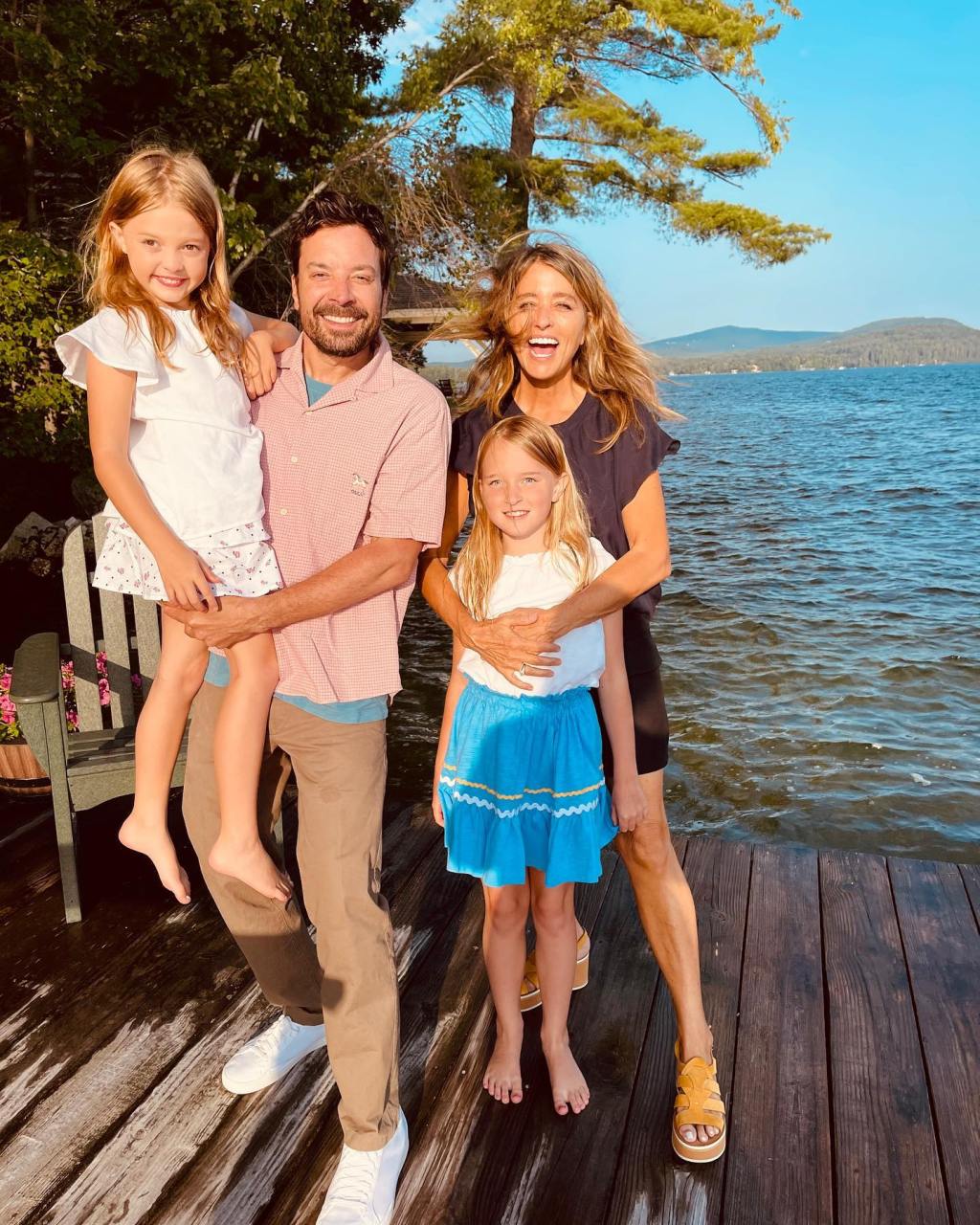 Jimmy Fallon and his family on a dock.