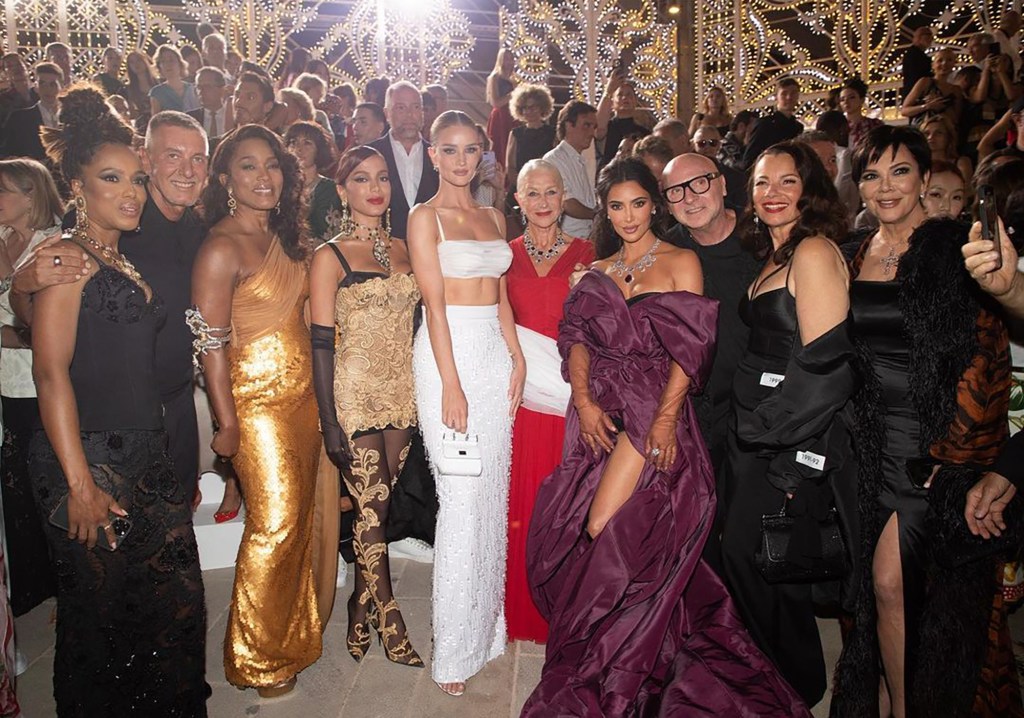 kerry washington, rosie huntington whiteley, helen mirren, kim kardashian, fran drescher, kris jenner posing in D&G formal wear