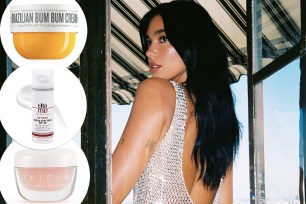 Dua Lipa with insets of Bum Bum Cream, Kissu Lip Mask and Elta MD sunscreen