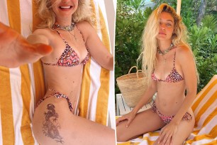 Gigi Hadid in a bikini split image.