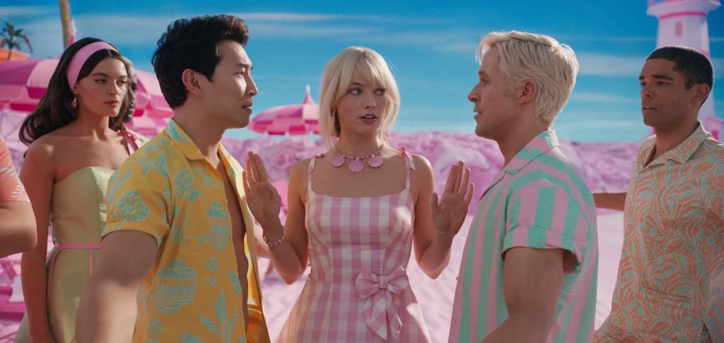 Simu Liu, Margot Robbie and Ryan Gosling in the "Barbie" movie.