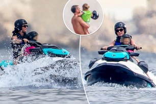 Katy Perry and her daughter Daisy Dove on a jet ski split image.