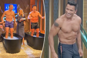 A split photo of Mark Consuelos getting into a tub and a shirtless Consuelos