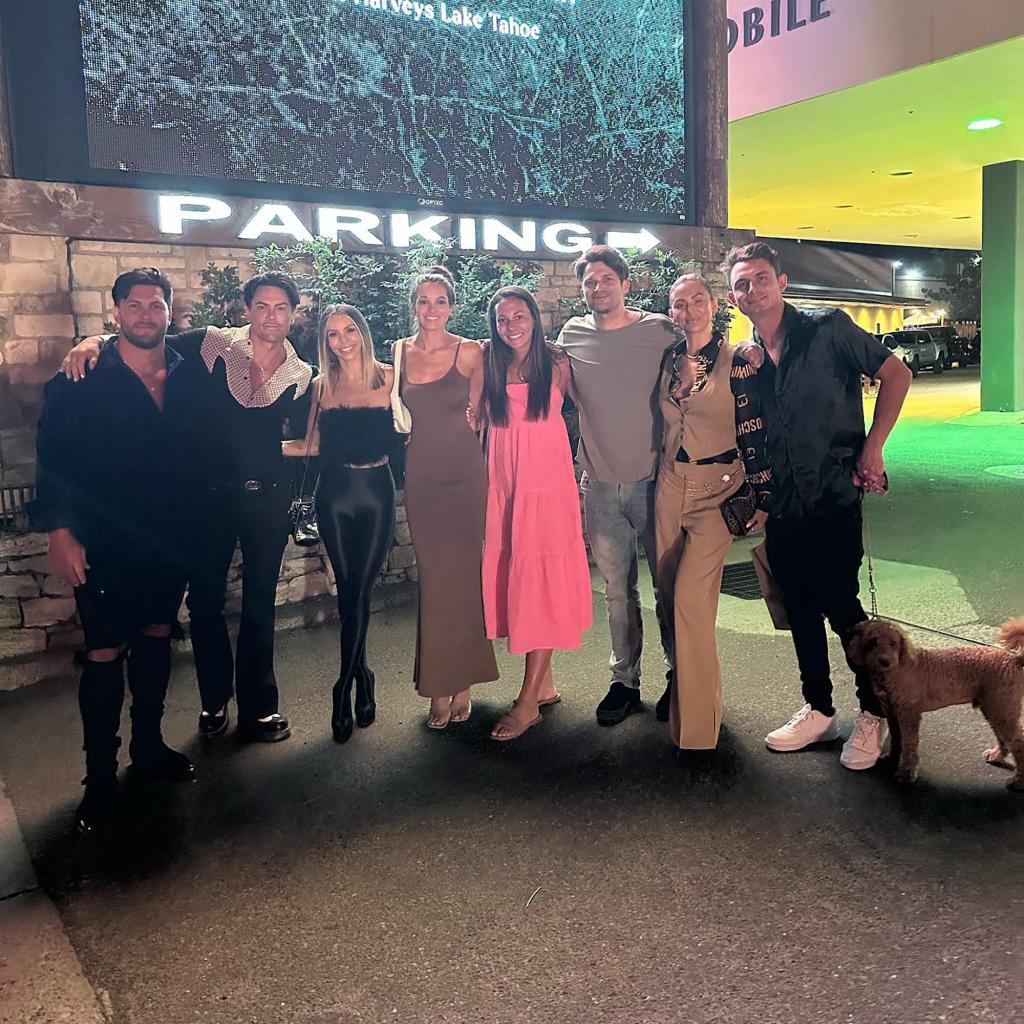 Brock Davies, Tom Sandoval Scheana Shay, Alluy Lewber, Tom Schwartz, Lala Kent and James Kennedy with a fan