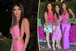 A split photo of Teresa Giudice posing for a solo shot and Teresa Giudice and Jennifer Aydin posing for a photo with a friend