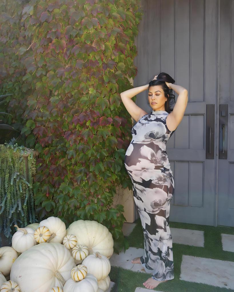 Kourtney Kardashian shows off baby bump in skin-tight mesh floral-print dress.