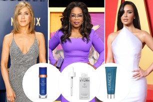 Jennifer Aniston, Oprah and Kim Kardashian with insets of three skincare products