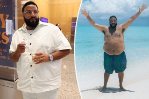 DJ Khaled in white on left and on right topless on the beach.