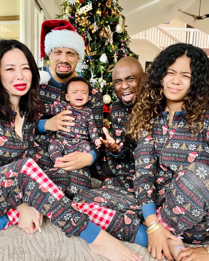 Wayne Brady, his ex-wife, Mandie Taketa and their daughter, along with Taketa's boyfriend Jason Fordham and their baby.