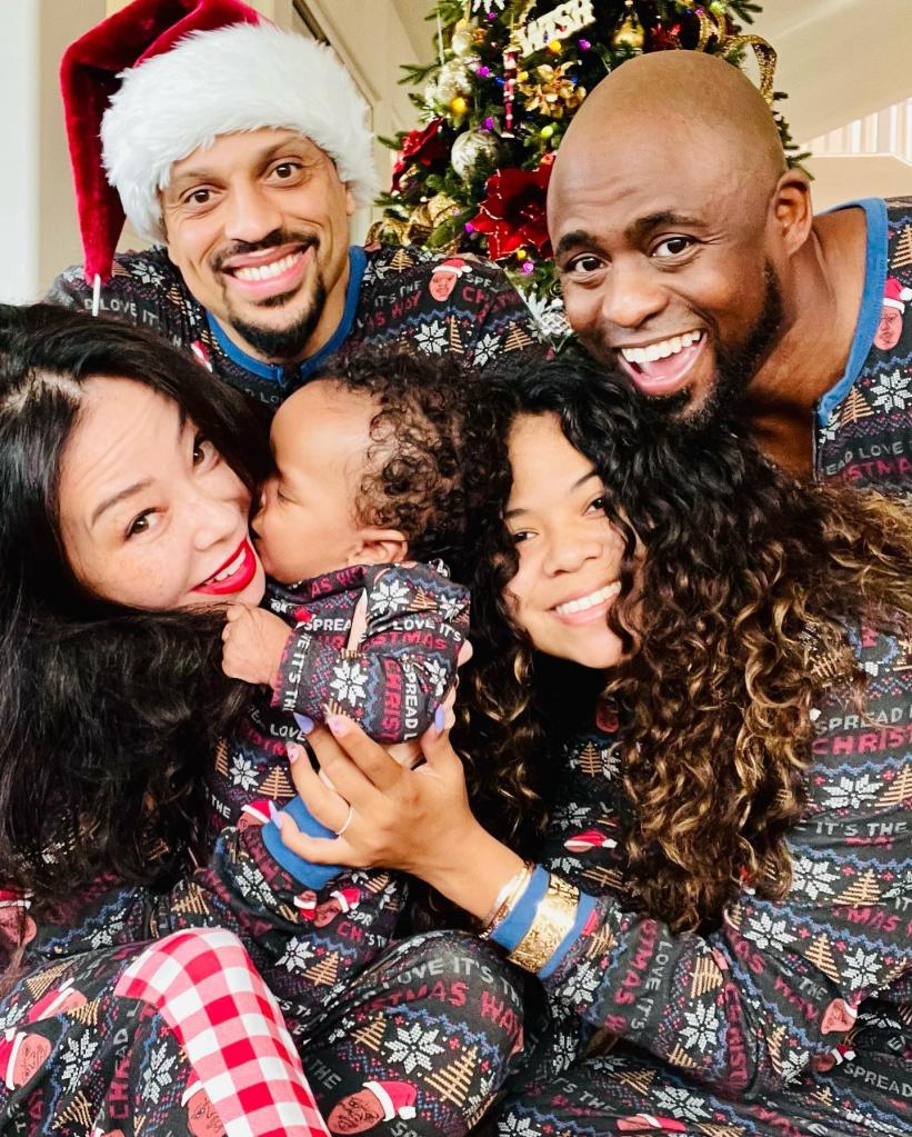 Wayne Brady, his ex-wife, Mandie Taketa and their daughter, along with Taketa's boyfriend Jason Fordham and their baby.