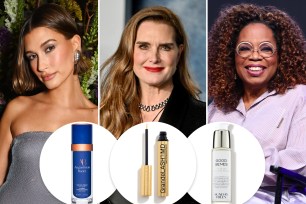 Hailey Bieber, Brooke Shields and Oprah with insets of moisturizer, lash serum and lactic acid serum