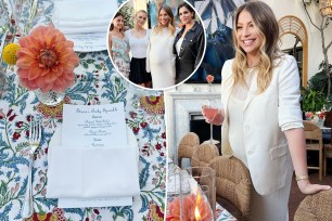 A split photo of Stassi Schroeder's baby sprinkle table, Stassi Schroeder standing and Stassi Schroeder posing with Katie Maloney and Lala Kent