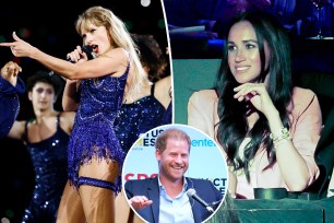 Taylor Swift split with Meghan Markle with an inset of Prince Harry.