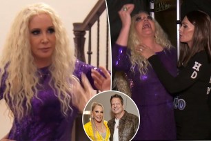 A split photo of Shannon Beador talking and Shannon Beador crying and a small photo of Shannon Beador and John Janssen posing together
