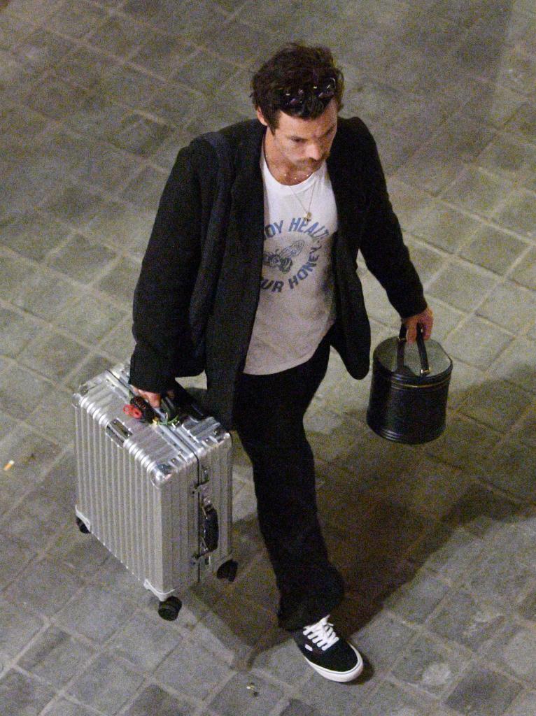 harry styles carrying a suitcase and a purse