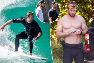 Chris Hemsworth with brother Liam Hemsworth surfing split image.