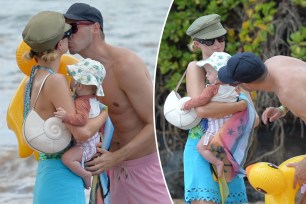 Paris Hilton, husband Carter Reum split image at the Beach.