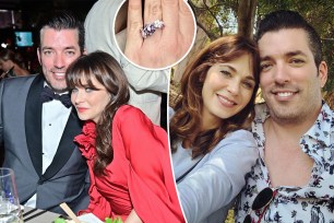 Zooey Deschanel split image with Jonathan Scott.