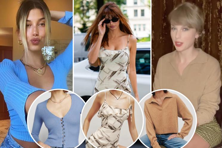 Hailey Bieber, Emily Ratajkowski and Taylor Swift with insets of Reformation styles